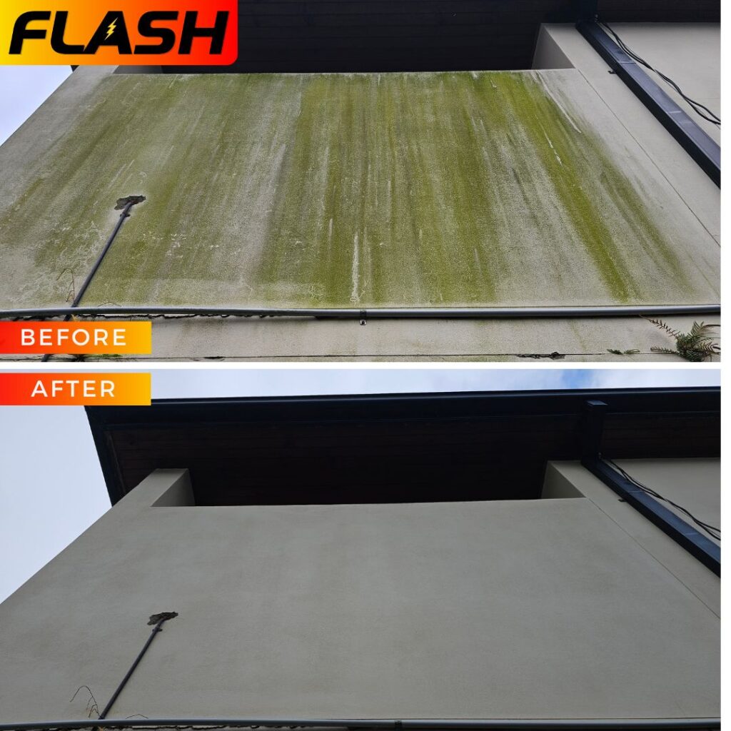 A before and after image of a rendered wall on a home that flash window cleaning has pressure washed and treated to restore back to its natural beauty