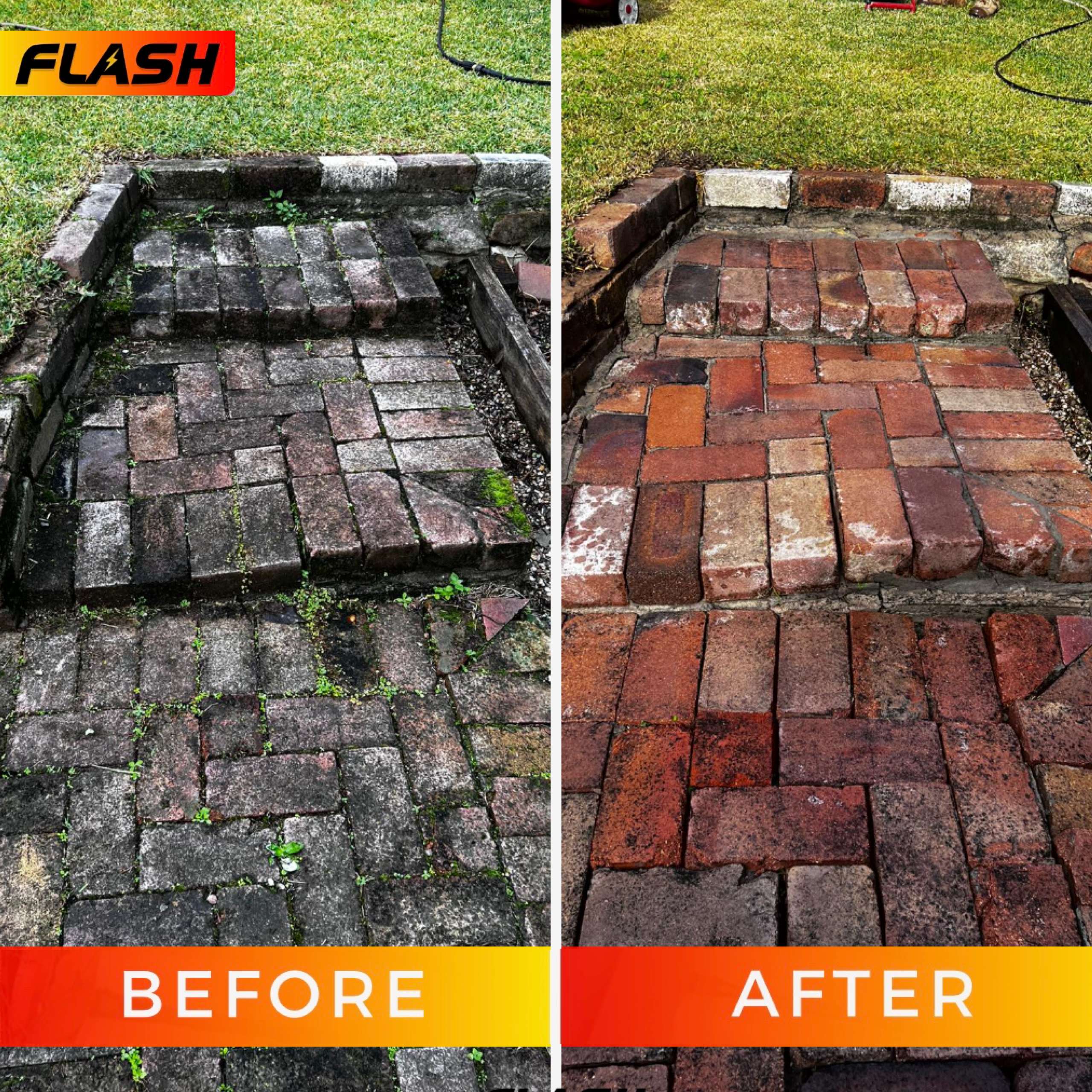 A before and after image of some bricks that flash window cleaning has pressure washed and treated to restore back to its natural beauty